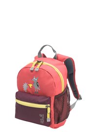 Zaino rosso e viola con tasca in rete, cerniere gialle, caratterizzato da grafiche di animali. Spallacci imbottiti e maniglia superiore per un trasporto facile.