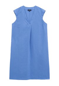 Ljusblå linn klänning med V-ringning, korta ärmar och avslappnad passform. Har sidofickor och subtil textur för extra intresse.