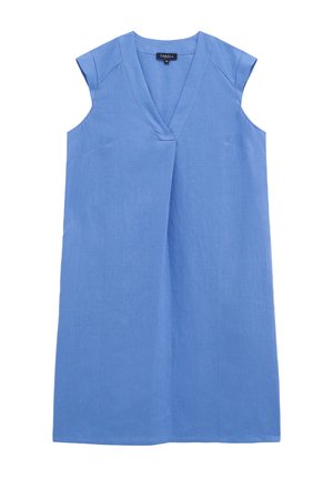 Lichtblauwe linnen jurk met een V-hals, kapmouwen en een relaxte pasvorm. Beschikt over zijzakken en subtiele textuur voor extra interesse.
