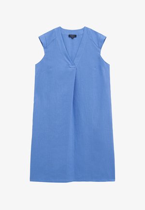 Abito in lino azzurro chiaro con scollo a V, maniche a cappuccio e vestibilità morbida. Presenta tasche laterali e una texture sottile per un tocco di interesse.