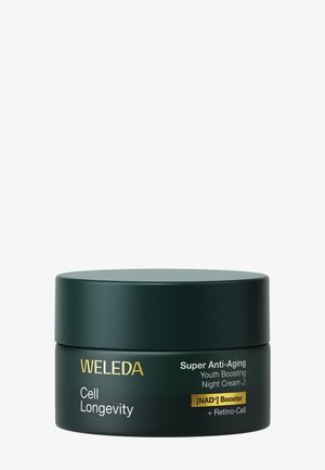 Donkergroene pot van Weleda Cell Longevity Super Anti-Aging Youth Boosting Nachtcrème met NAD+ Booster en Retino-Cell ingrediënten.