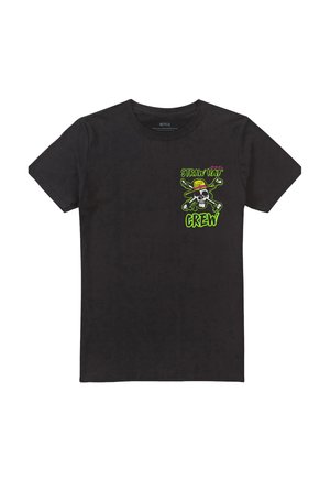 Schwarzes T-Shirt mit kurzen Ärmeln und neongrünem sowie pinkem Schriftzug "Straw Hat Crew" sowie einer Grafik eines Totenschädels, der einen gelben Strohhut trägt, mit gekreuzten Knochen.