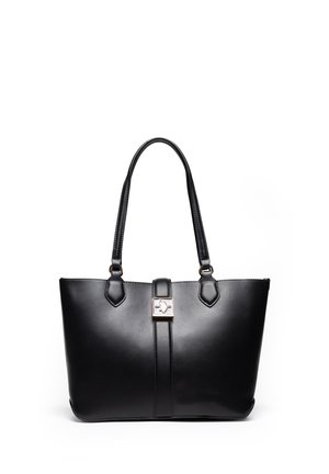 Schwarze Leder-Tote-Tasche mit doppelten Griffen und einem zentralen Riemen mit kleinem metallischem Dekorverschluss.