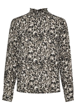 Blouse à manches longues avec un col haut à volants. Présente un motif floral noir et beige sur un tissu léger et texturé.