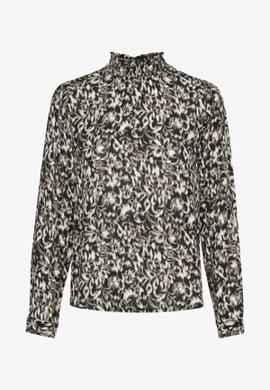 Blusa de manga larga con un alto escote rizado. Presenta un patrón floral en negro y beige sobre una tela ligera y texturizada.