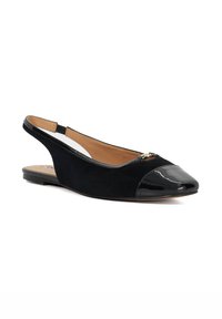 Black slingback flat with a suede body and patent leather toe cap. Features a small gold accent near the arch and a cushioned insole.