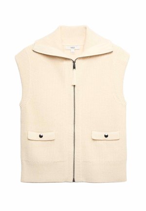 Gebreid vest in off-white met een hoge kraag, een volledige ritssluiting, twee voorzakken met zwarte knopen en een geribbelde textuur langs de randen.