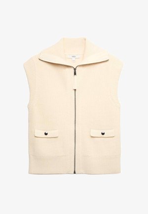 Strickweste in Offwhite mit hohem Kragen, durchgehendem Reißverschluss, zwei vorderen Taschen mit schwarzen Knöpfen und gerippter Struktur an den Kanten.