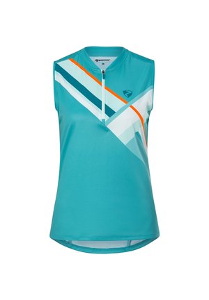 Mouwloos teal sporttopje met rits aan de voorkant, geometrische witte, donker teal en oranje diagonale strepen en een klein logo op de borst.