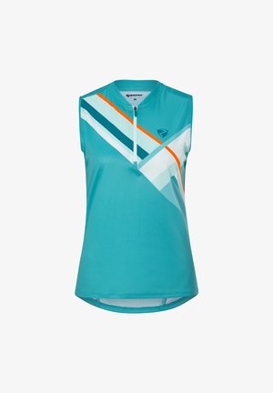 Mouwloos teal sporttopje met rits aan de voorkant, geometrische witte, donker teal en oranje diagonale strepen en een klein logo op de borst.