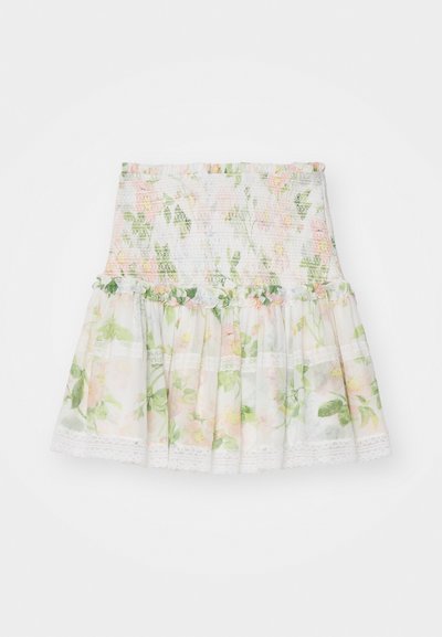 Blomstrete skjørt laget av lett stoff. Har smocket midje, volangkant og blonder. Fargene inkluderer rosa, grønn og hvit.