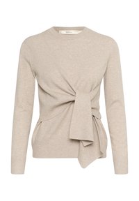 Beige Langarmpullover mit Rundhalsausschnitt, der eine Knotendetail an der Taille aufweist und aus einem glatten, strukturierten Stoff besteht. Slim Fit Design.