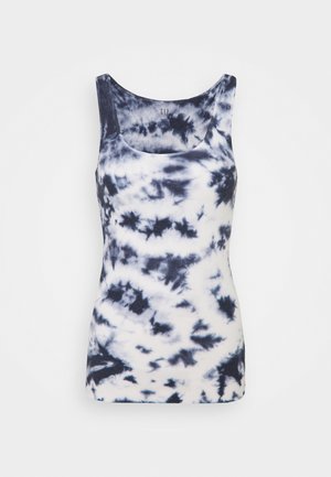 Marineblaue und weiße Batik-Top aus weichem Stoff, mit einem Rundhalsausschnitt und einer figurbetonten Silhouette.