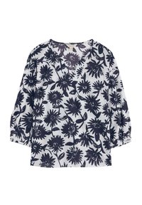 Marinebluse mit drei Viertelärmeln, V-Ausschnitt und leichtem Stoff, der ein auffälliges Blumenmuster auf weißem Hintergrund zeigt.