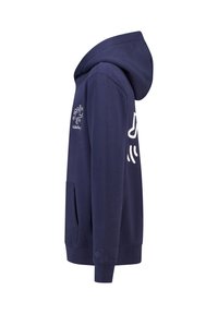 Un hoodie bleu marine en coton doux, doté d'une poche kangourou, de motifs graphiques blancs sur le devant et sur le côté, et d'une capuche doublée.