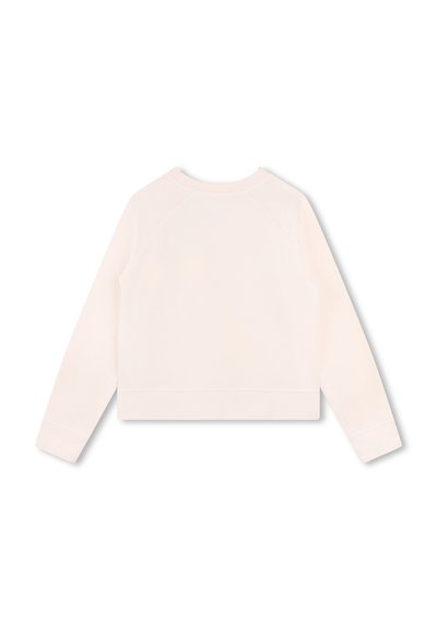 Lichtroze cropped sweatshirt met lange mouwen, ribbel manchetten, ronde halslijn en een zachte textuur. De achterkant toont een raglan mouwontwerp.