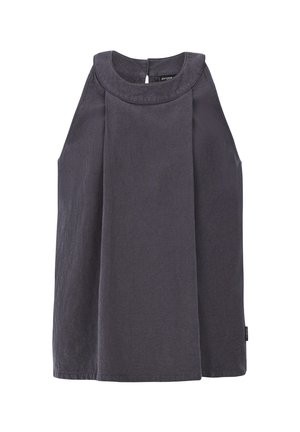 Top senza maniche grigio scuro con scollatura rotonda, caratterizzato da un'apertura a chiave sul retro e un tessuto leggermente strutturato. Design pulito e minimalista.