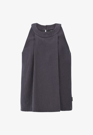 Top senza maniche grigio scuro con scollatura rotonda, caratterizzato da un'apertura a chiave sul retro e un tessuto leggermente strutturato. Design pulito e minimalista.