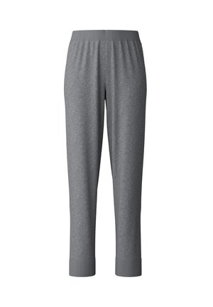 Graue, schmale Sweatpants aus weichem Material. Mit einem elastischen Bund und gerippten Bündchen an den Knöcheln, die durchgehend eine glatte Textur aufweisen.