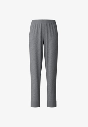 Grijze, taps toelopende sweatpants van zacht materiaal. Voorzien van een elastische tailleband en geribbelde boorden bij de enkels, met een gladde textuur door het hele kledingstuk.