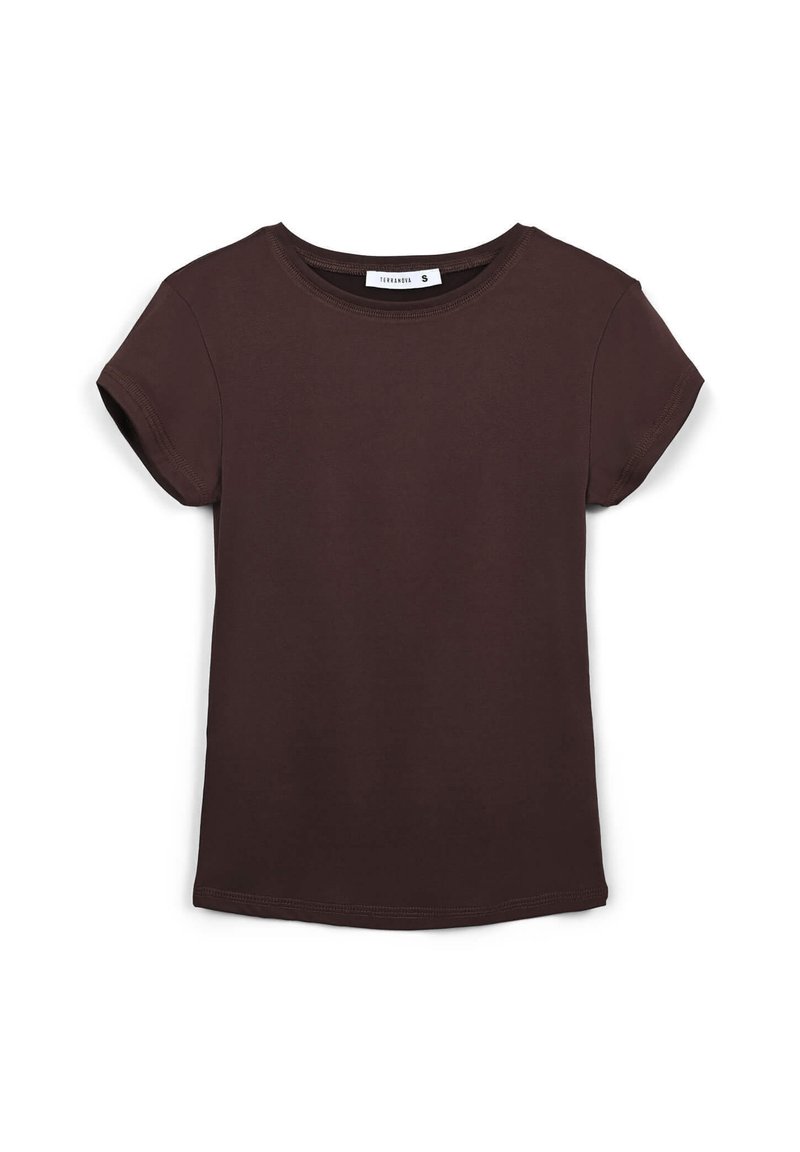 T-shirt in cotone marrone con maniche corte, scollatura rotonda e vestibilità leggermente ampia. Tessuto liscio senza motivi o accenti visibili.