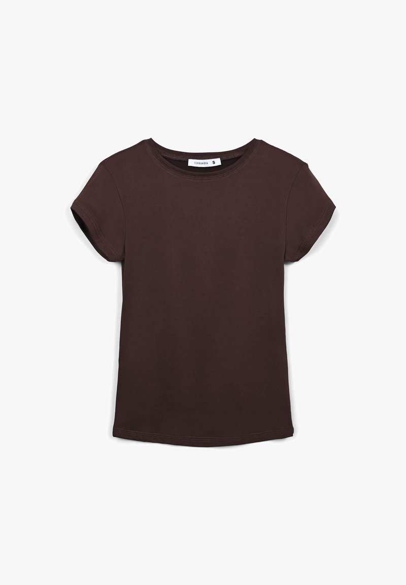 T-shirt in cotone marrone con maniche corte, scollatura rotonda e vestibilità leggermente ampia. Tessuto liscio senza motivi o accenti visibili.