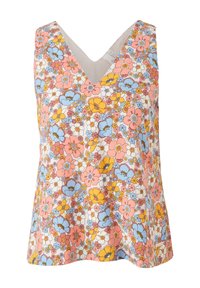 Haut sans manches à encolure en V avec imprimé floral rose, bleu, jaune et blanc sur fond clair.