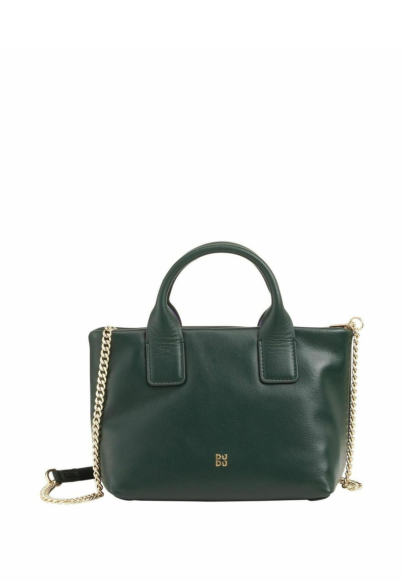 Sac à main en cuir vert avec un design structuré, deux anses supérieures et une bandoulière en chaîne dorée amovible. Présente un logo subtil à l'avant.