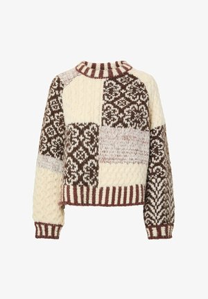 Paksust koest valgekreemjas ja pruunikas kampsun tikitud lille- ja punutismustritega, triibuline soonikuga krae, varrukad ja alumine serv.