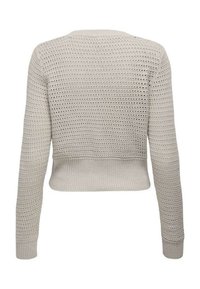 Pull cropped gris clair avec un design en tricot texturé et ajouré. Il présente des manches longues et un ourlet côtelé pour une silhouette ajustée.