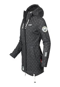 Black waterproof jacket with a hood, featuring a subtle pattern, zip and snap closures, two side pockets, and a logo patch on the sleeve.