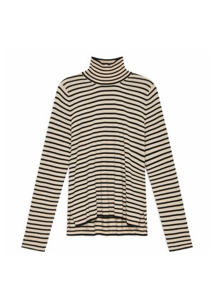 Haut à col roulé à manches longues avec rayures beige et noir, présentant une coupe décontractée avec fentes latérales, une texture douce et un tissu de poids moyen.