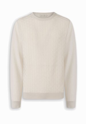 Kremowy sweter z długim rękawem i okrągłym dekoltem, z subtelnym teksturowanym wzorem kwadratów na przodzie oraz ściągaczami przy mankietach i u dołu.