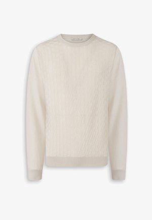 Suéter de cuello redondo de manga larga color crema con un sutil patrón de cuadrados texturizados en el frente y puños y dobladillo acanalados.