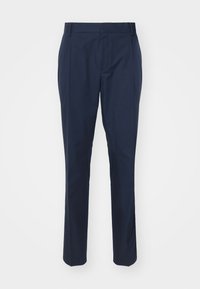 Navy blue trousers made of smooth fabric, featuring a tailored fit, two front pockets, and a crease down each leg for a polished look.