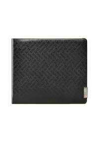 Czarny portfel z syntetycznego materiału z wytłoczonym wzorem logo, kwadratowym kształtem, gładką fakturą i metalicznym akcentem z detalami marki.