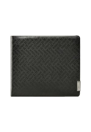 Czarny portfel z syntetycznego materiału z wytłoczonym wzorem logo, kwadratowym kształtem, gładką fakturą i metalicznym akcentem z detalami marki.