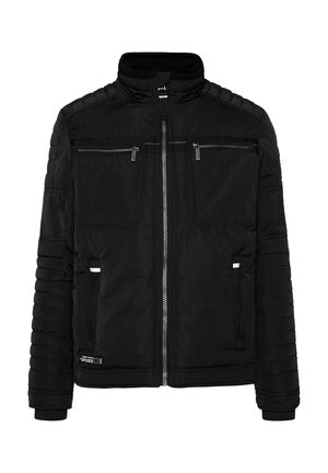 Schwarze Jacke mit Reißverschluss vorne, zwei Brusttaschen und gerippten Bündchen. Ausgestattet mit gepolsterten Schultern und Texturvariationen an den Ärmeln.