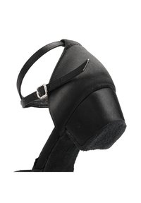 Black satin heeled shoe featuring a strap with a silver buckle, a textured heel, and a smooth rounded toe.
