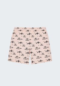 Shorts rose clair avec des motifs d'explosions d'étoiles noirs et le texte "PXP" imprimé partout, avec une taille élastique.