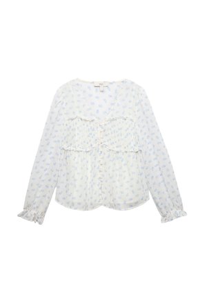 Biała bluzka z długim rękawem w drobny niebieski kwiatowy wzór, zapięcie na guziki z przodu, falbanki na mankietach i na klatce piersiowej, wykonana z lekkiego materiału.