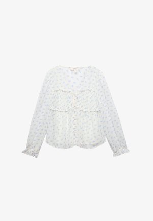 Blouse blanche à manches longues avec petit imprimé floral bleu, fermeture boutonnée à l'avant, bords volantés aux poignets et à la poitrine, tissu léger.