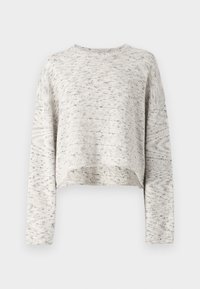 Krótki sweter z lekkiego, teksturowanego dzianego materiału. Kolor głównie kremowy z delikatnymi plamkami szarości i niebieskiego. Posiada długie rękawy i okrągły dekolt.