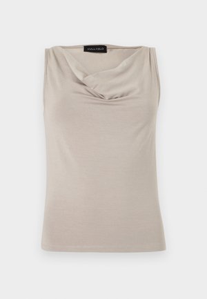 Varrukateta beeži naiste top, millel on langeva kaelusega kaelus, valmistatud pehmest kangast, sisemise krae küljes "Anna Field" silt.