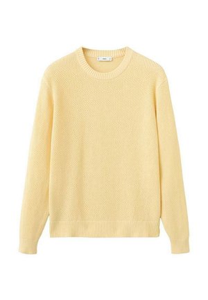 Jasnożółty sweter z dzianiny, z długimi rękawami, okrągłym dekoltem oraz ściągaczami na mankietach i dole, prezentowany na białym tle.