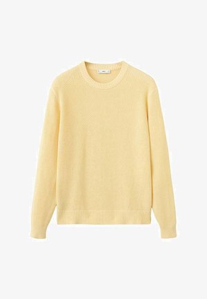 Pull tricoté jaune clair à manches longues, col rond, avec poignets et ourlet côtelés, présenté sur un fond blanc.