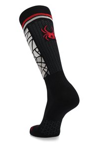 Schwarze kniehohe Socke mit einem roten Spinnenlogo, gemusterten Seiten und strukturierten Akzenten. Entworfen für Komfort und Leistung.