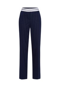 Navy blue trousers with vertical white stripes. Wide-leg design, made from a smooth fabric, featuring a contrasting white waistband.