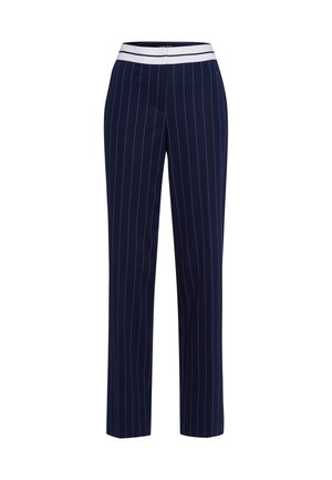 Dunkelblaue Hosen mit vertikalen weißen Streifen. Weit geschnittenes Design, gefertigt aus glattem Stoff, mit einem kontrastierenden weißen Bund.