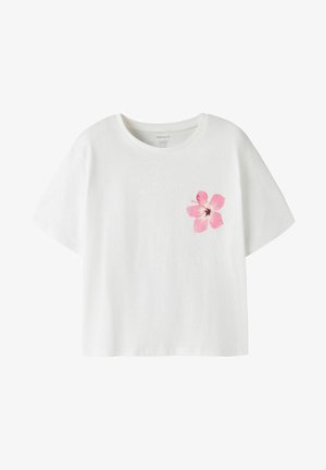 White short-sleeve t-shirt with round neck featuring a small pink hibiscus flower print on the left chest.